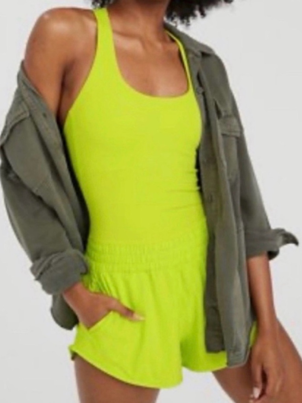 Aerie Offline Neon Green Romper Athletic One Piece Shorts Women Large
